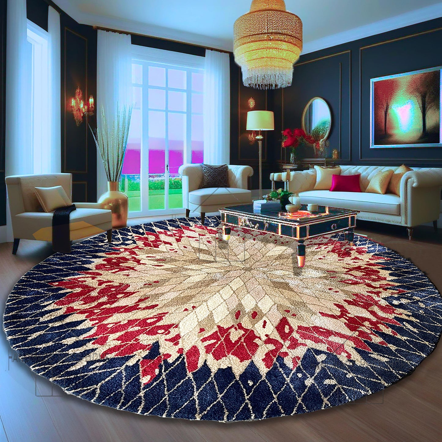 Hand Tufted Wool Rug, Round Red & Blue Geometric (Multiple Sizes)