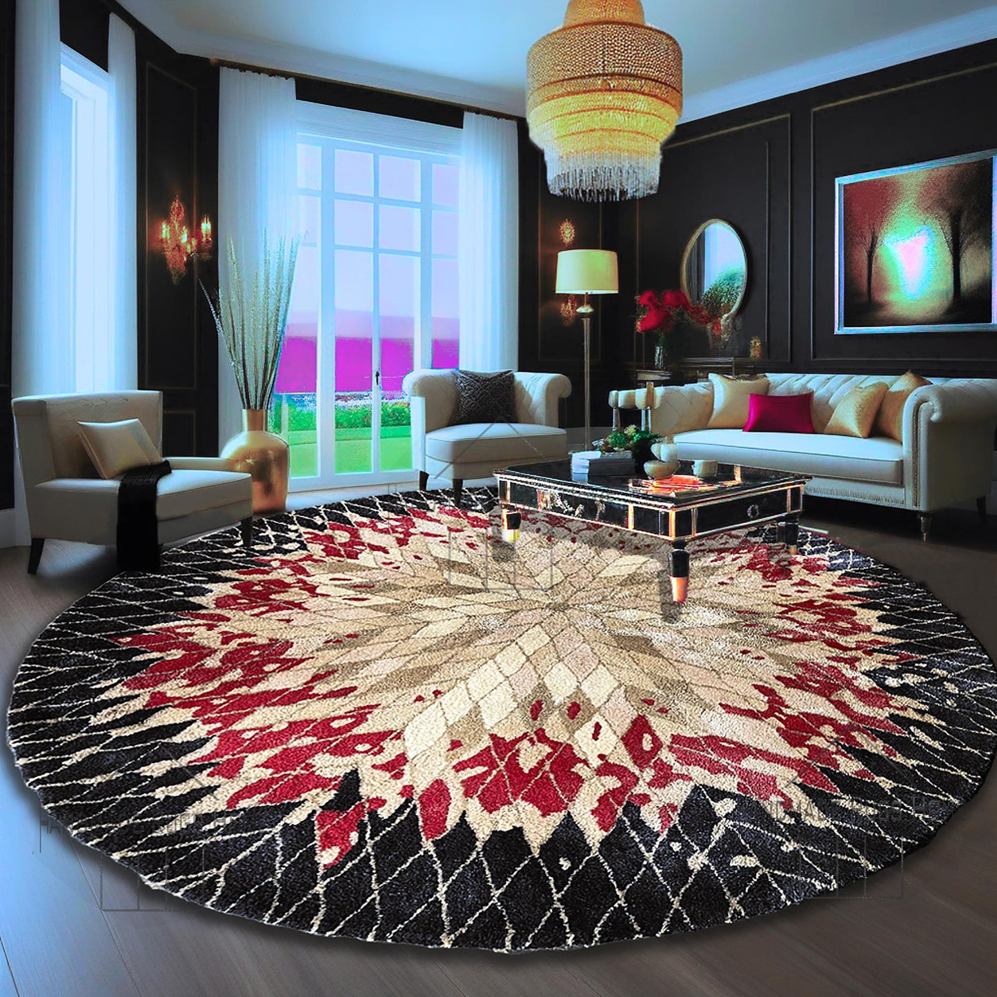 Hand Tufted Wool Rug, Round Red & Blue Geometric (Multiple Sizes)