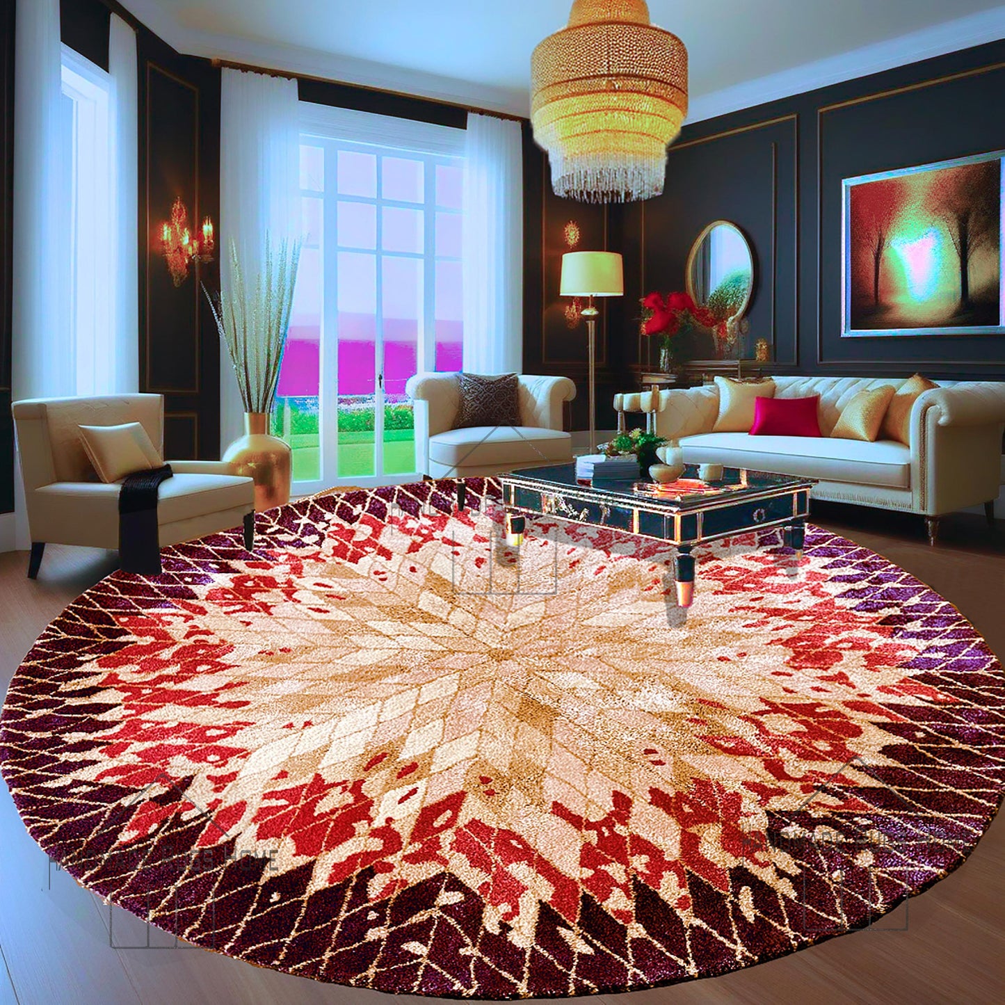 Hand Tufted Wool Rug, Round Red & Blue Geometric (Multiple Sizes)