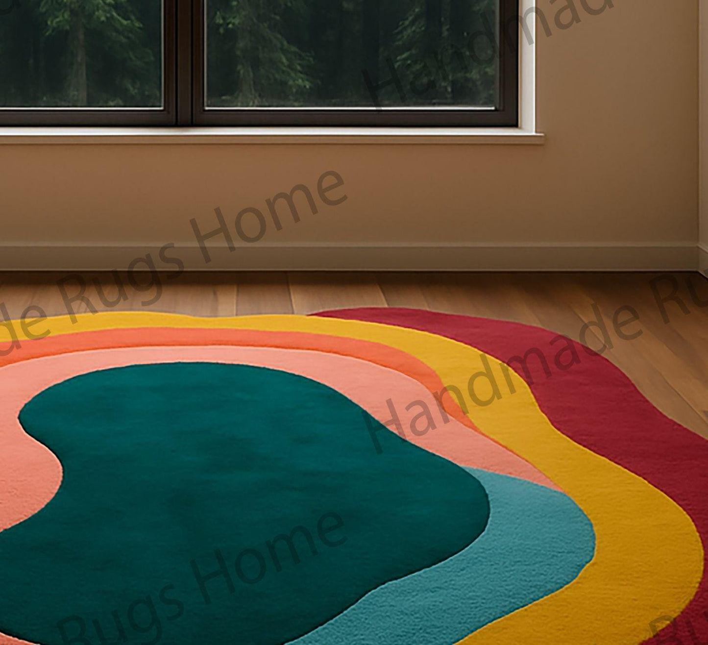 Artistic abstract area rug featuring bold, nature-inspired hues, perfect for cozy and modern spaces.