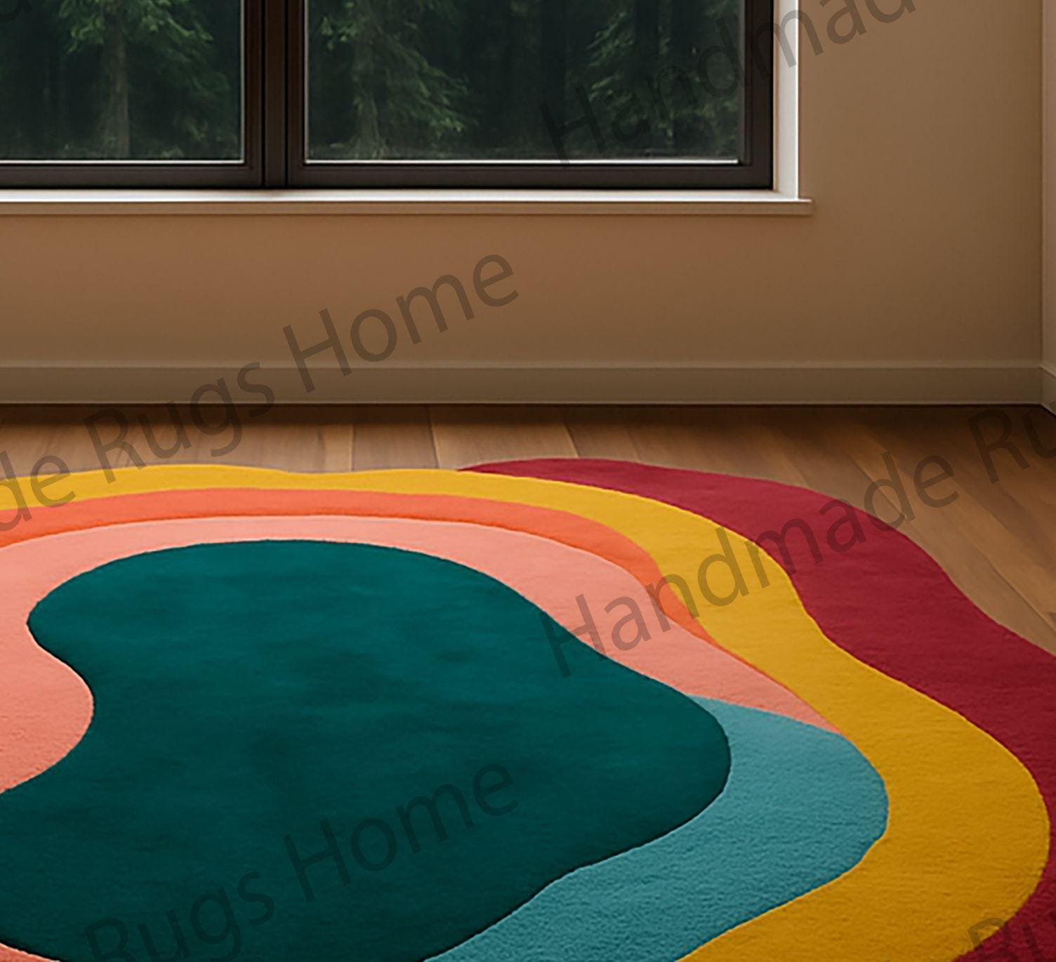 Artistic abstract area rug featuring bold, nature-inspired hues, perfect for cozy and modern spaces.