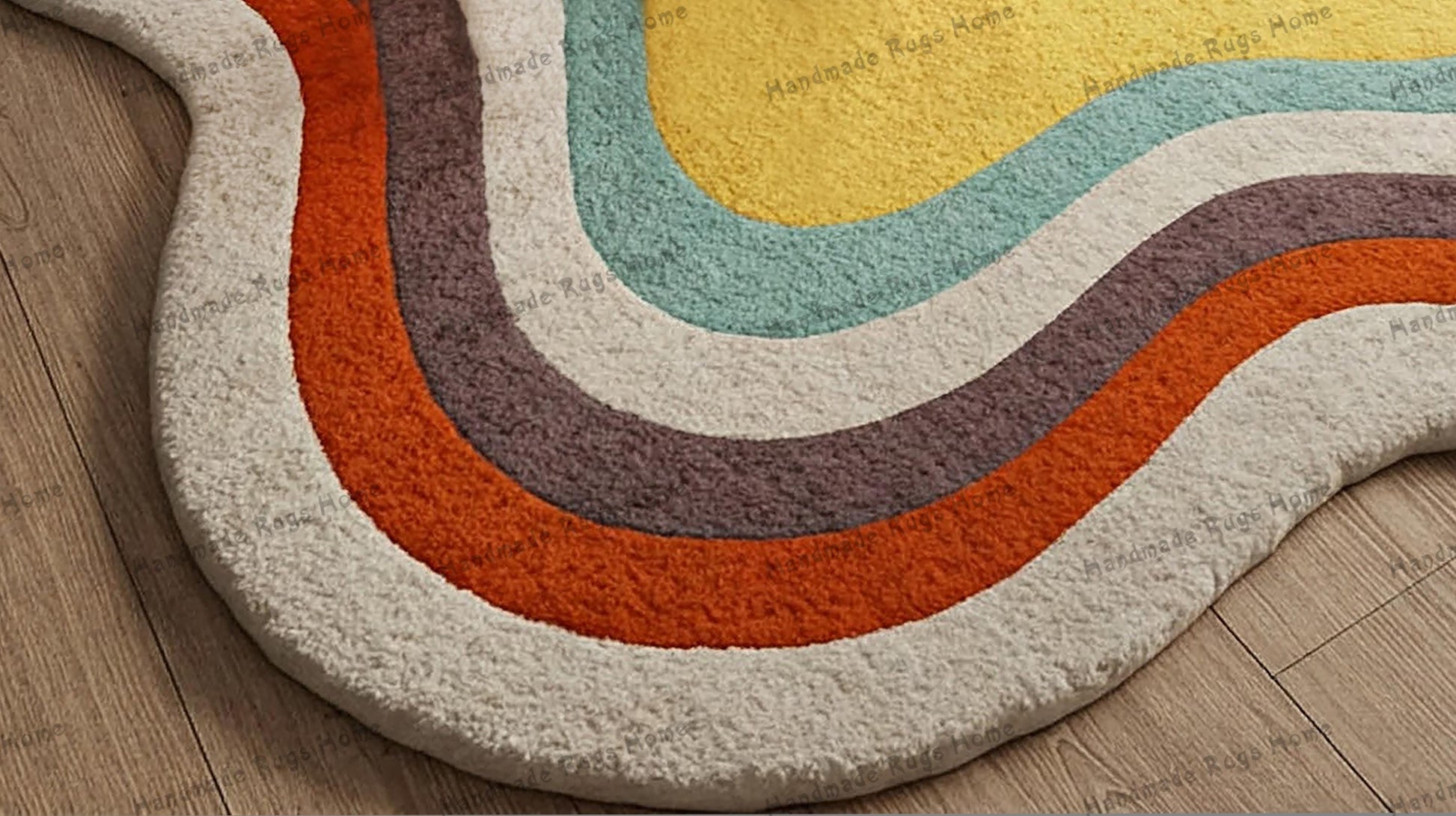 Abstract wavy rug in warm colors, displayed with a cheerful dog for scale.