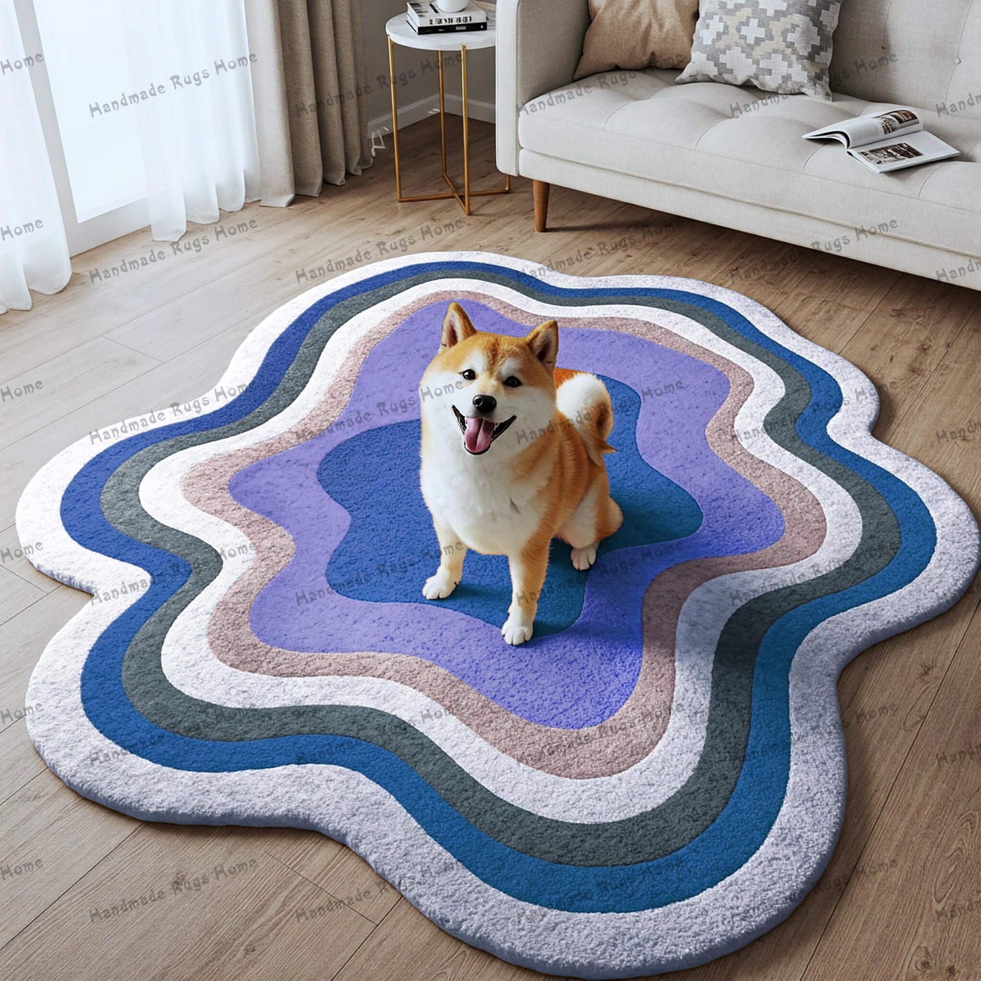 Handmade wavy abstract rug with warm earthy tones and a happy Shiba Inu.
