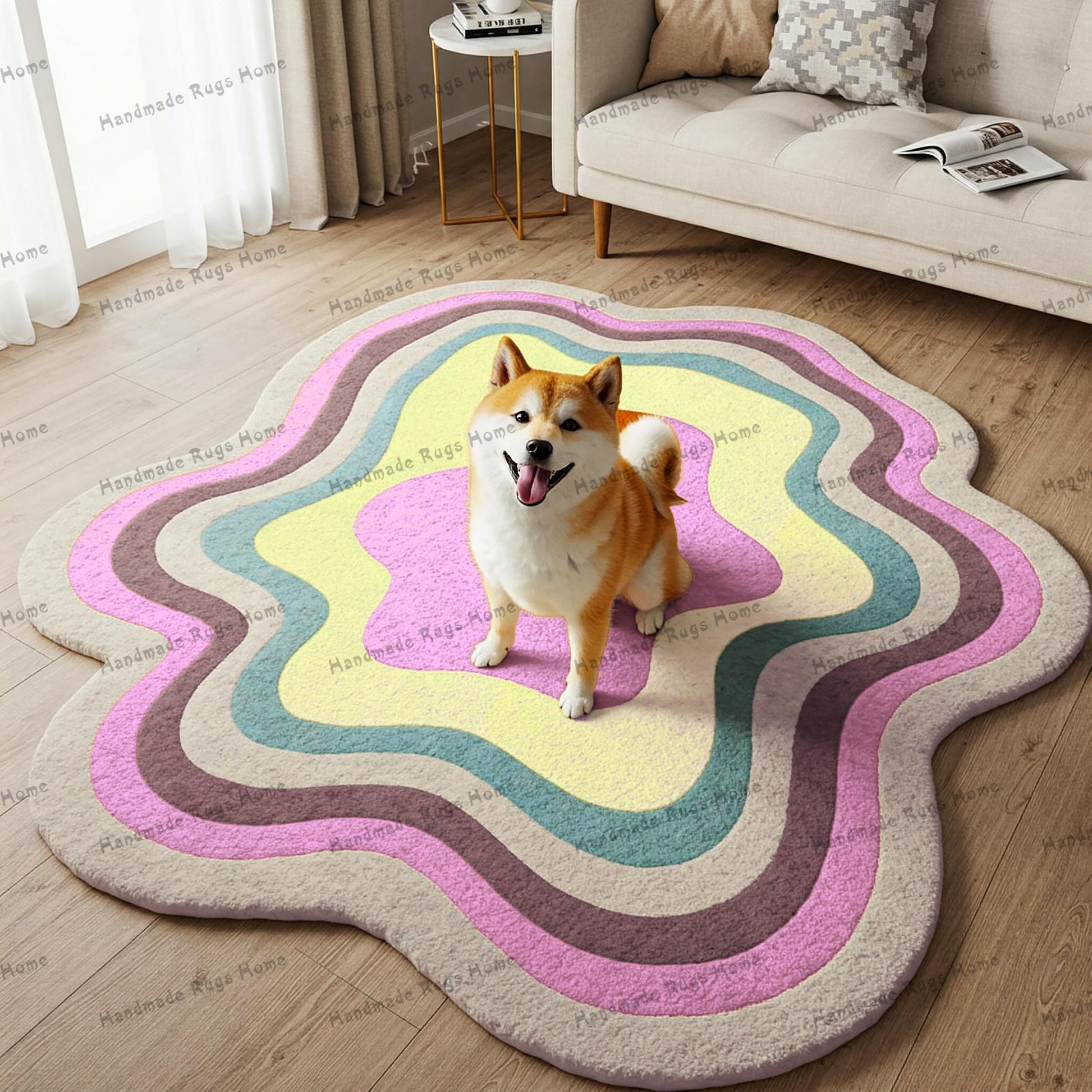Unique handmade rug with retro ripple patterns in earthy tones, ideal for living rooms.