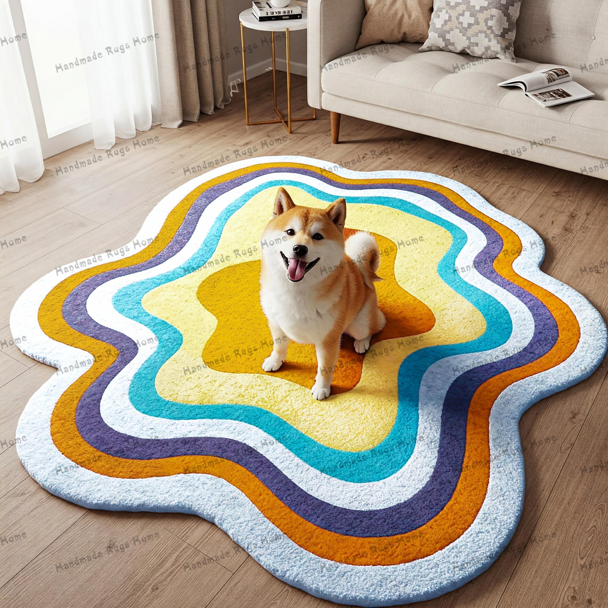 Modern abstract rug featuring layered waves and a happy dog.