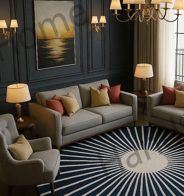 Hand-Tufted Wool Rug: Radiant Midnight Sun Geometric Design