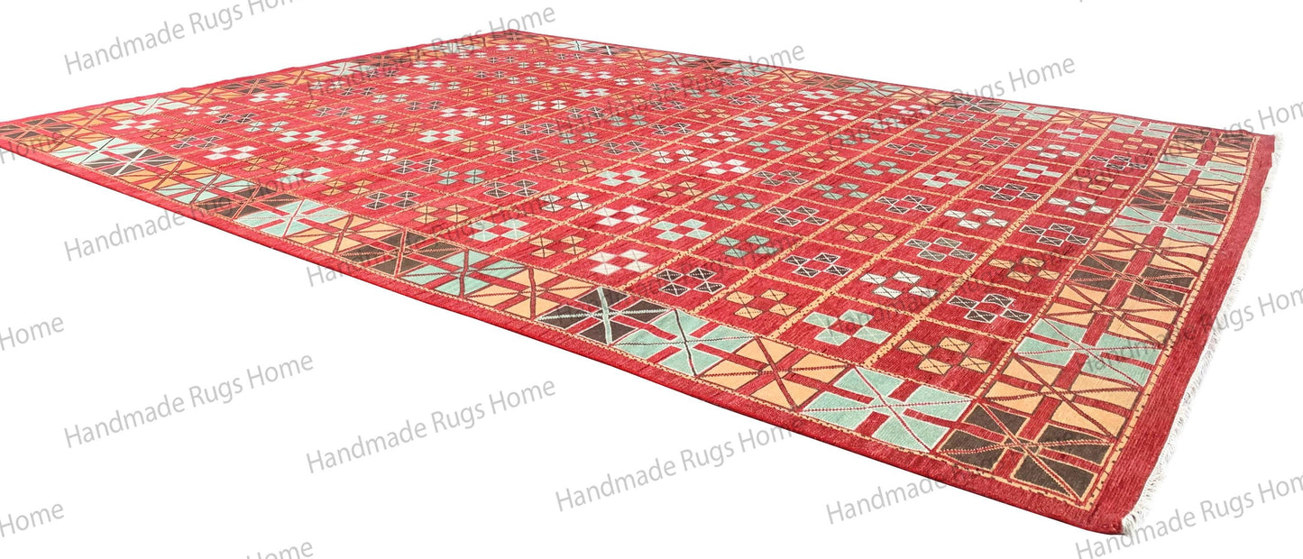 Red Geometric Wool Rug for Living Room