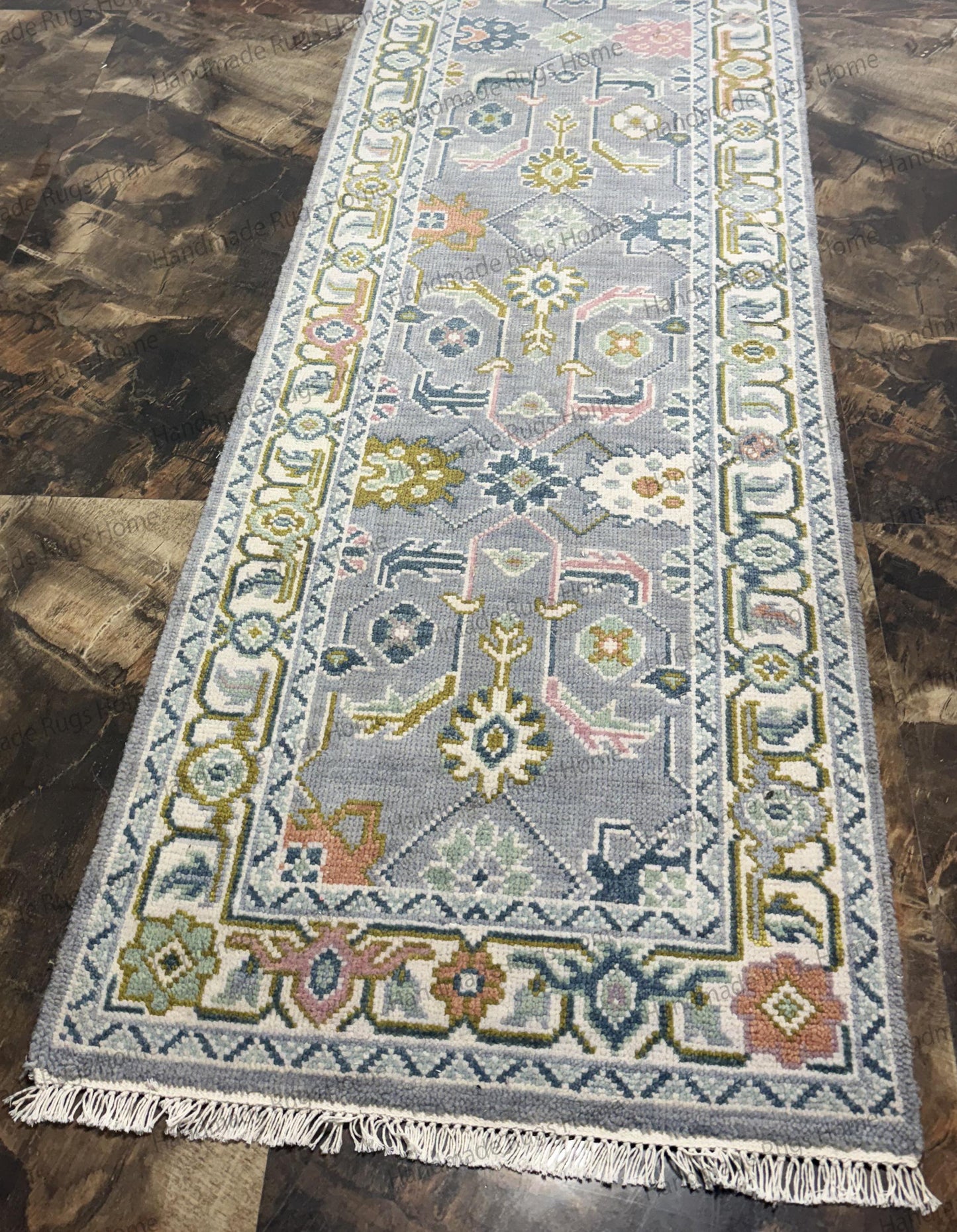 Hand Knotted Wool Oushak Runner Rug | Turkish Floral Design
