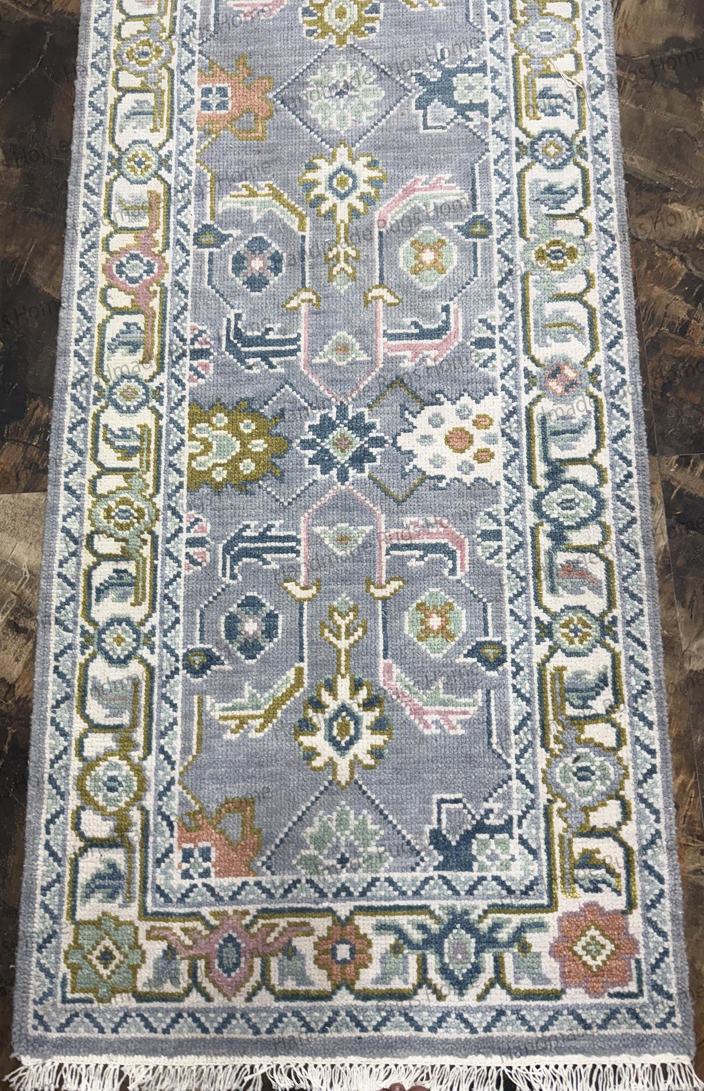 Hand Knotted Wool Oushak Runner Rug | Turkish Floral Design