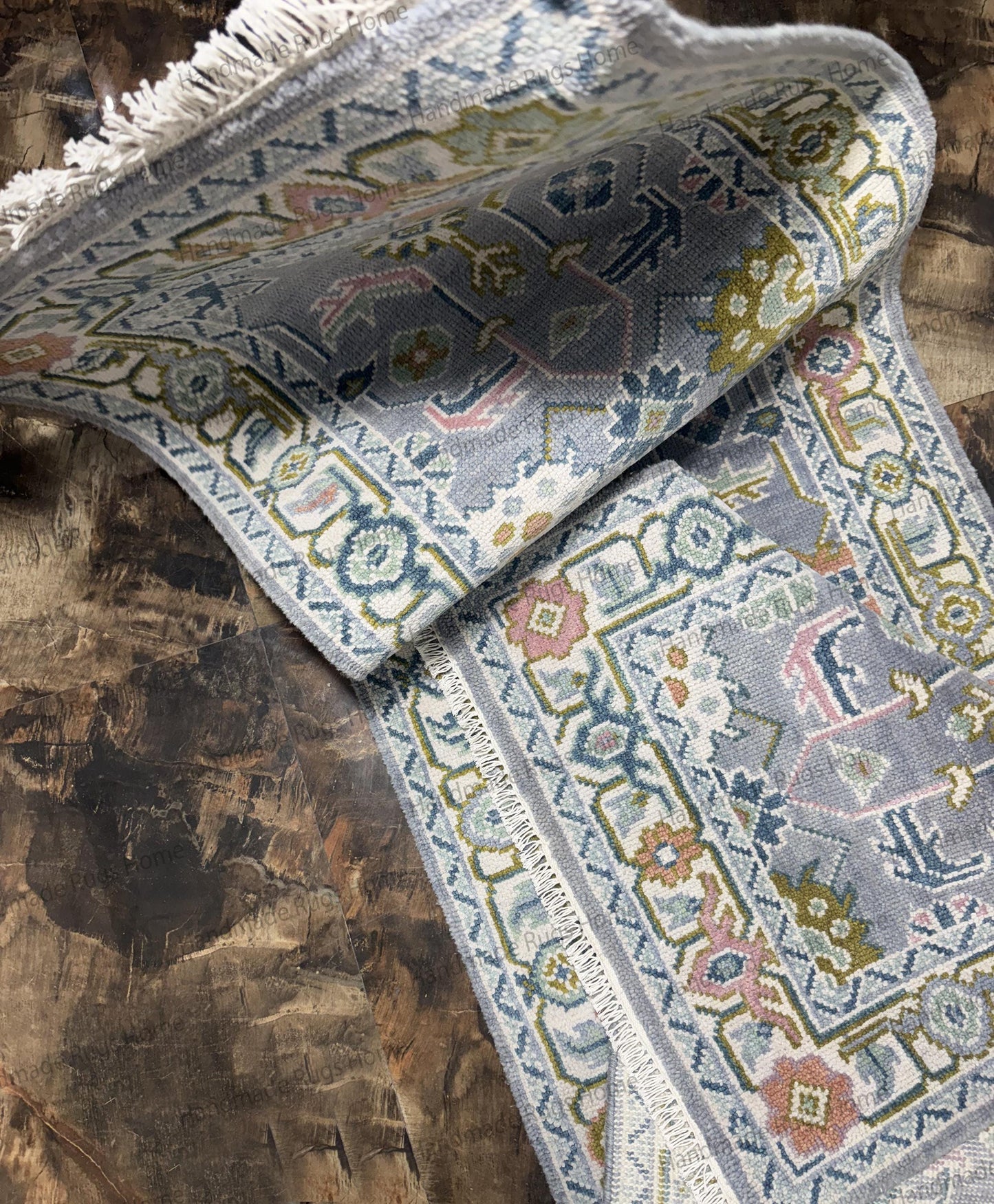 Hand Knotted Wool Oushak Runner Rug | Turkish Floral Design