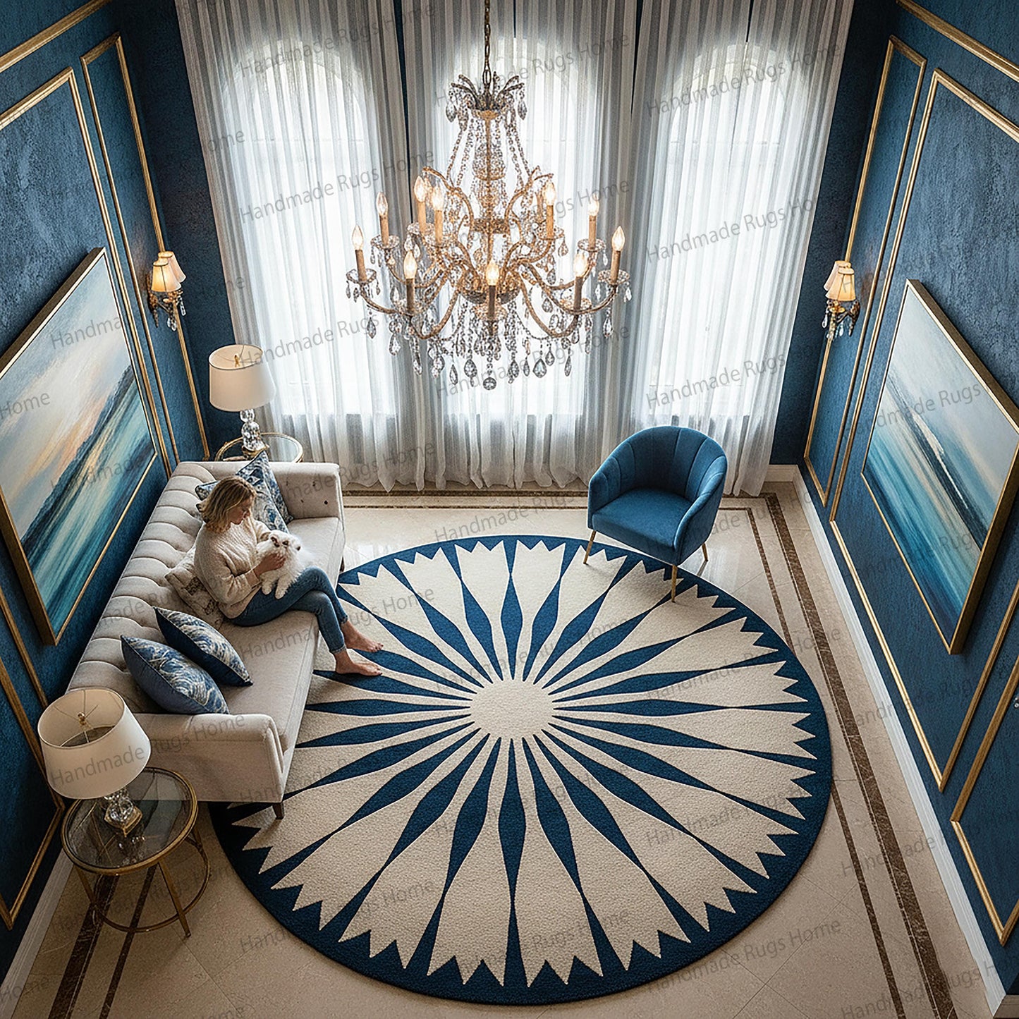 Hand-Tufted Wool Round Rug: Azure Sunburst Design
