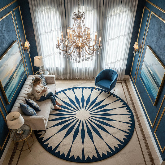 Hand-Tufted Wool Round Rug: Azure Sunburst Design