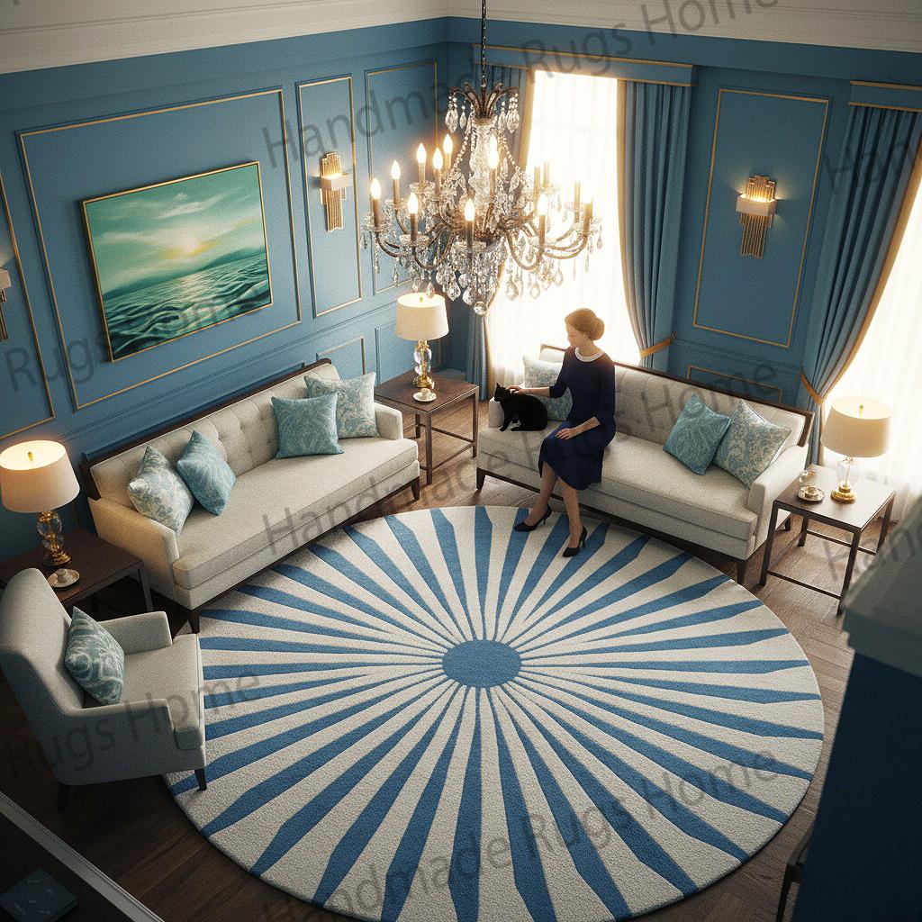 luxury hand tufted blue wool rug in living room