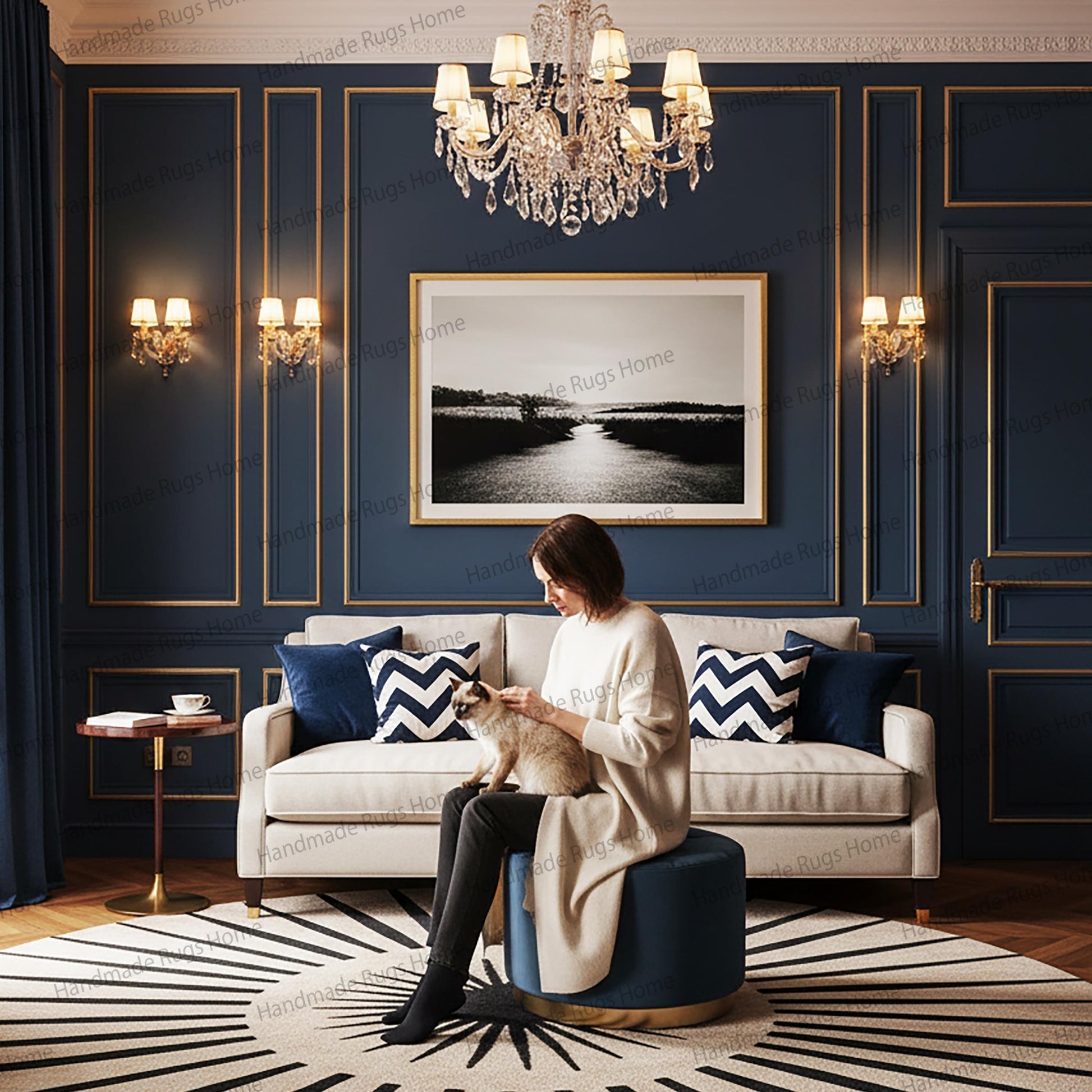 Luxurious monochrome area rug, geometric pattern, handmade carpet.