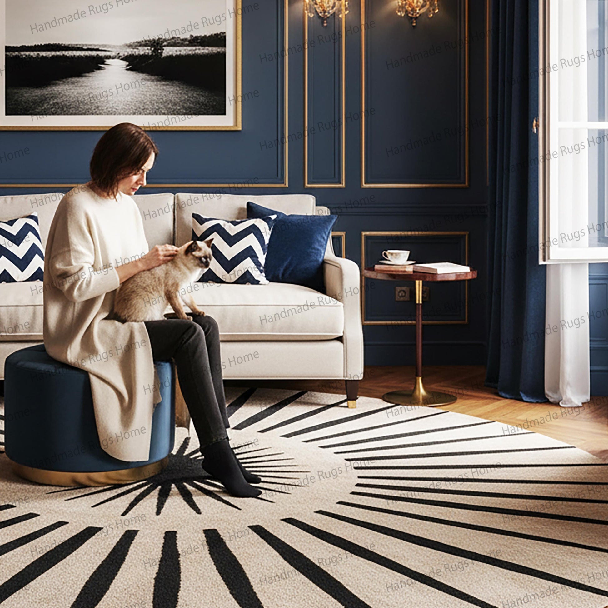 Elegant living room with navy walls and gold trim, anchored by a circular sunburst rug.