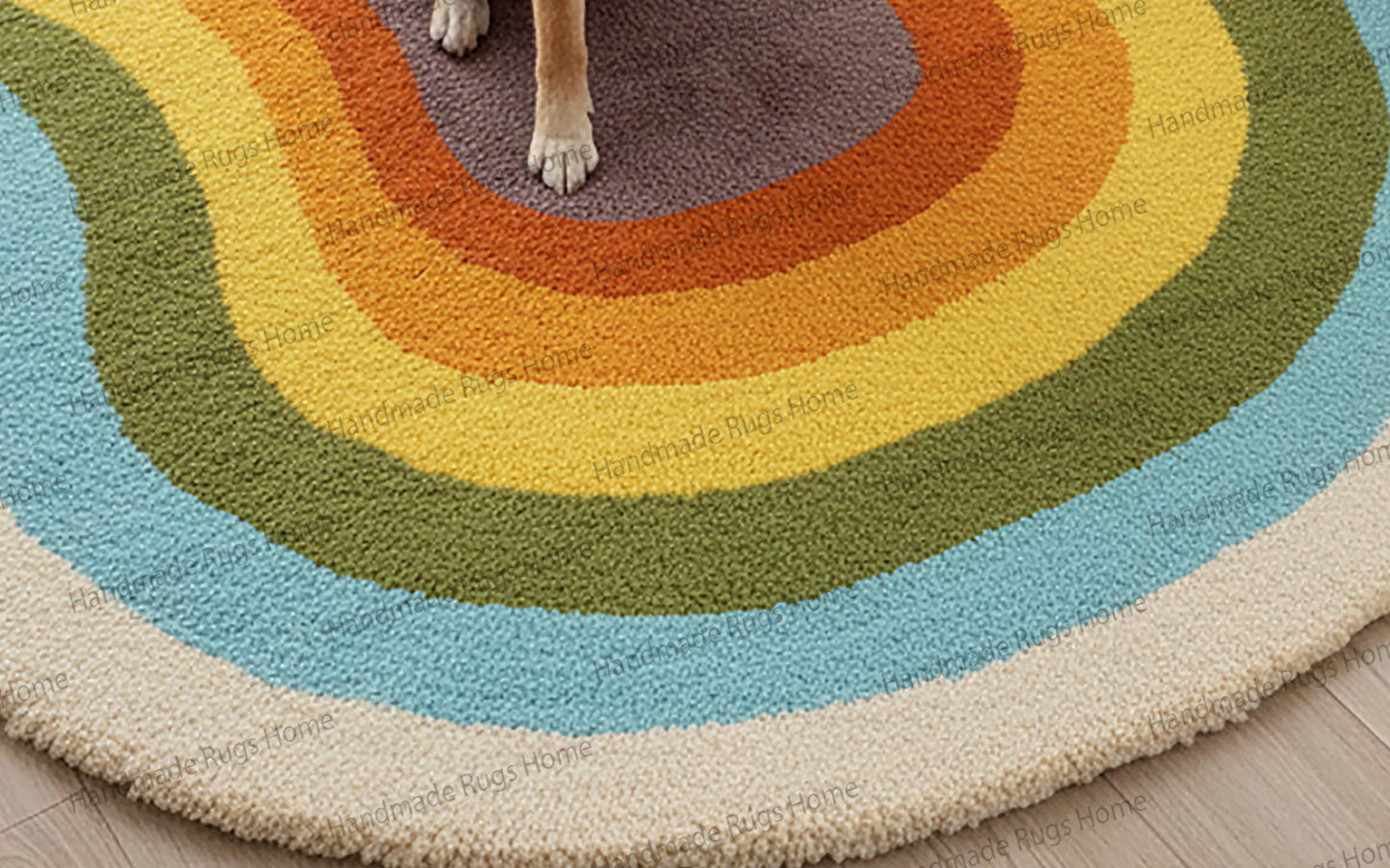 High-angle view of dog on irregular-shaped colorful area carpet.
