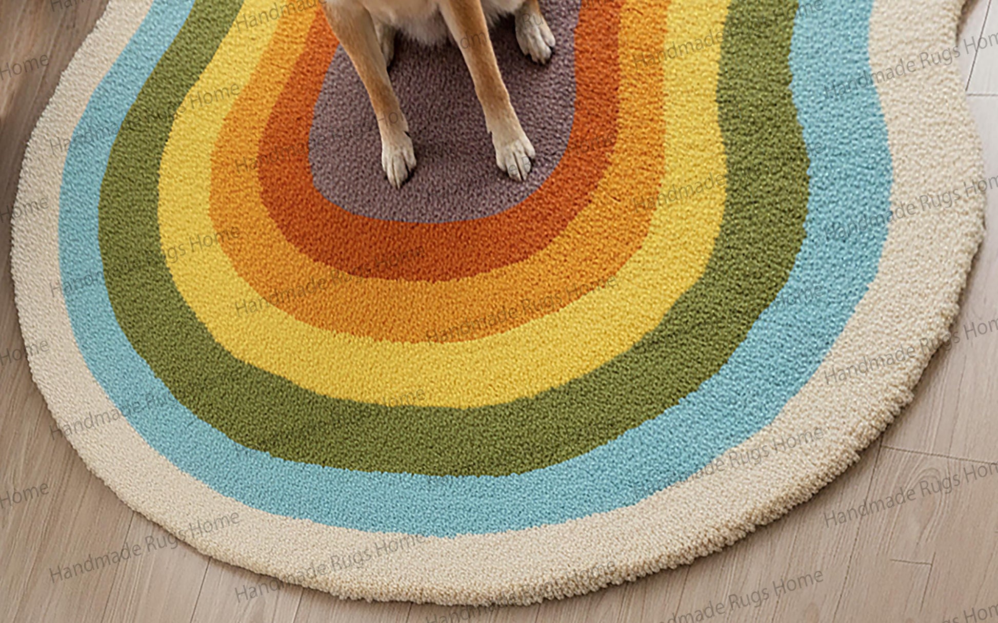 Plush woolen rug, concentric bands: cream, blue, green, yellow, orange, brown.
