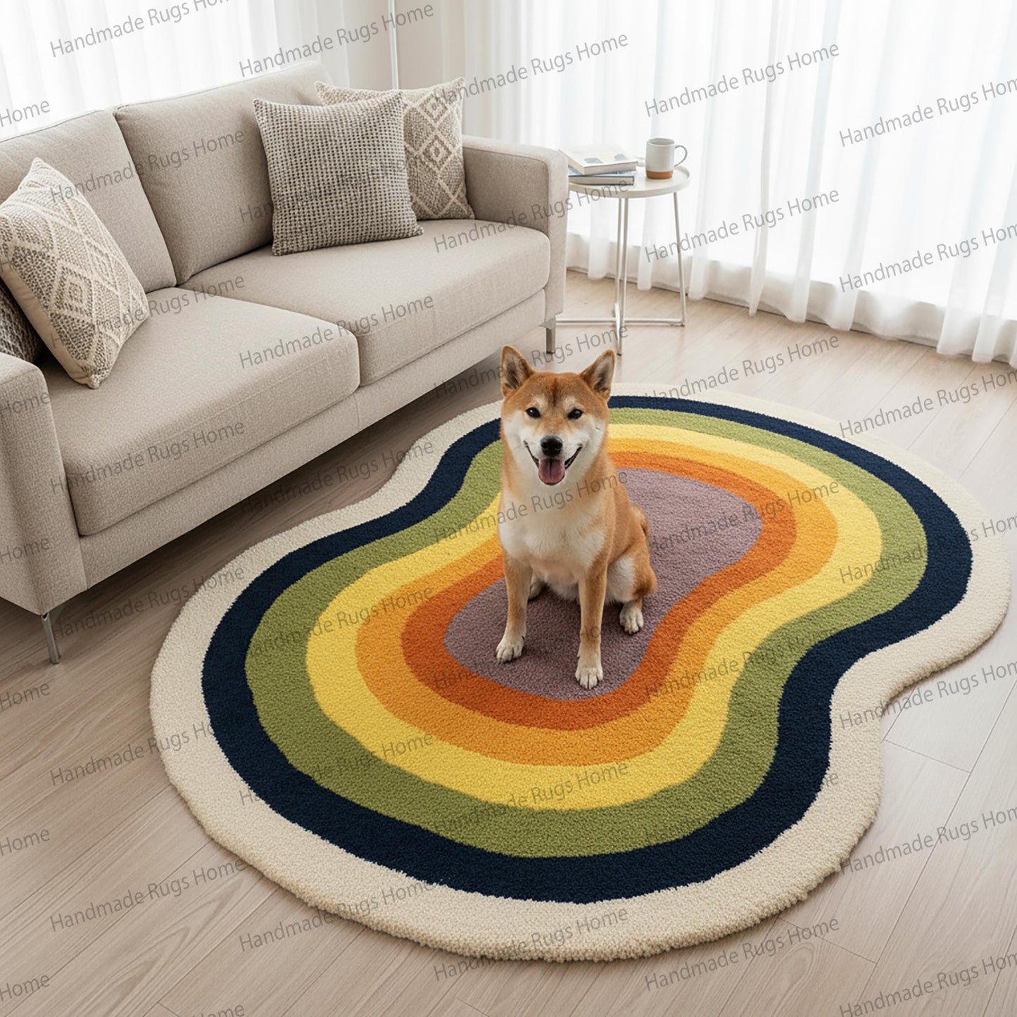 Happy Shiba Inu sitting on a modern, multi-colored living room rug.