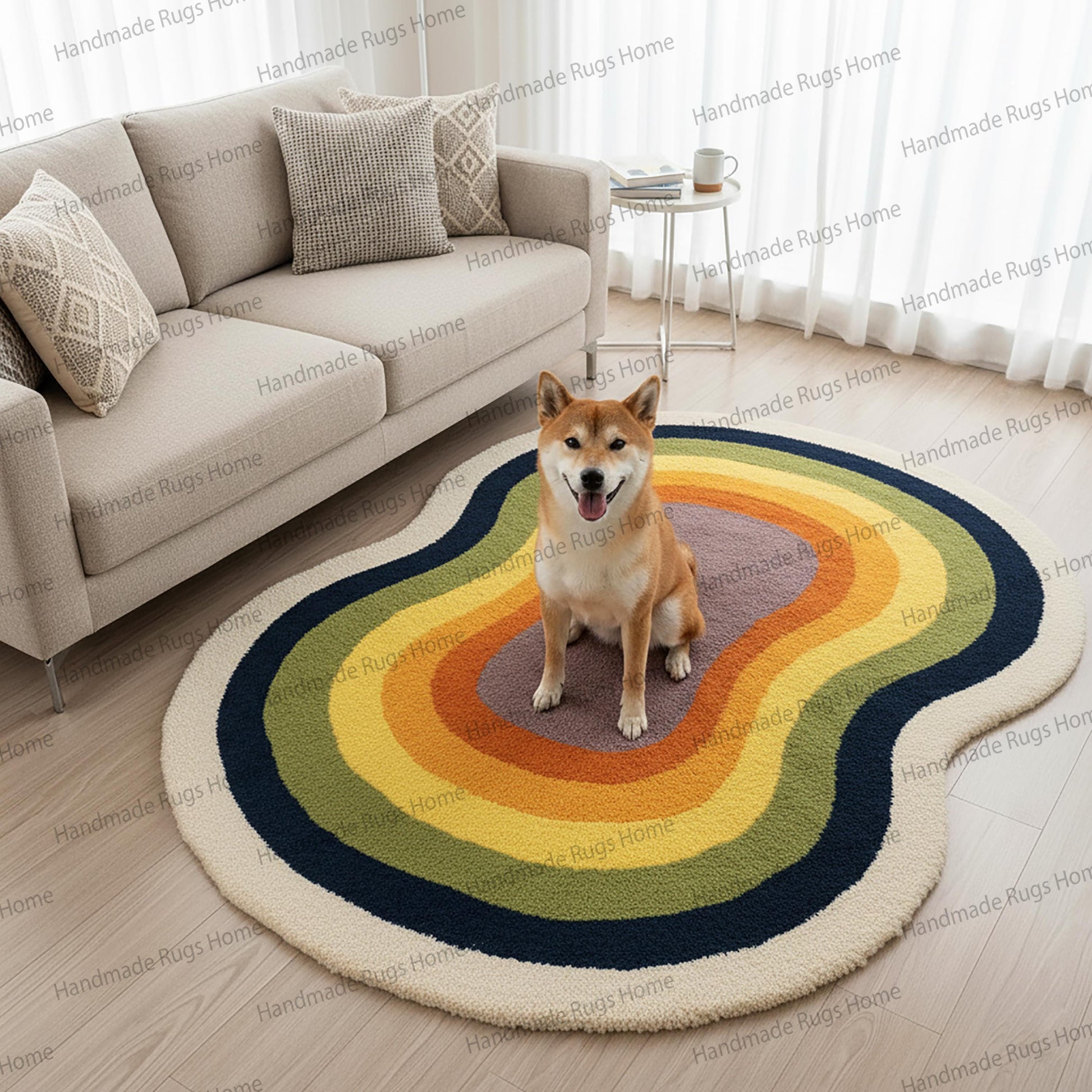 Happy Shiba Inu sitting on a modern, multi-colored living room rug.