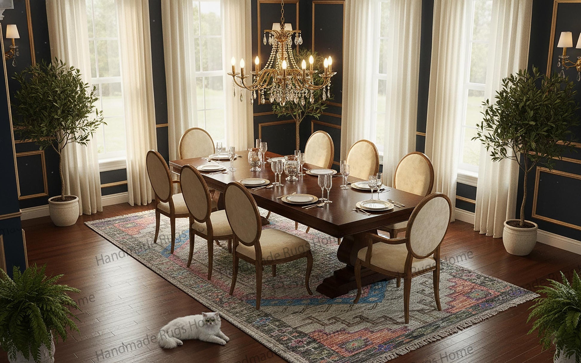 Hand knotted Oushak style wool runner rug with muted pastel colors.