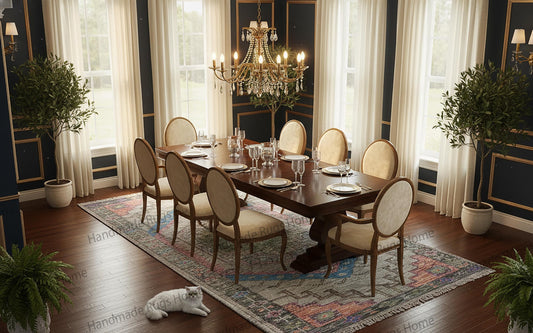 Hand knotted Oushak style wool runner rug with muted pastel colors.