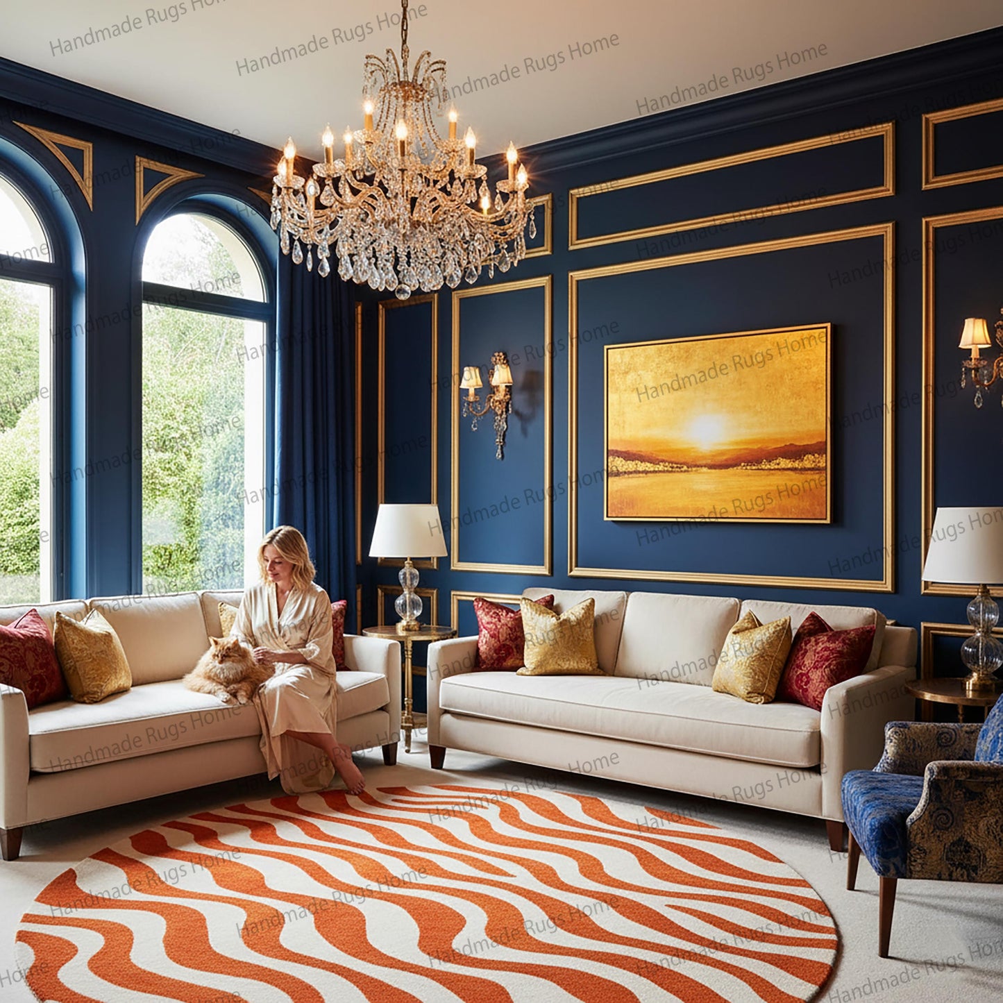 Round wool carpet with flowing stripe design