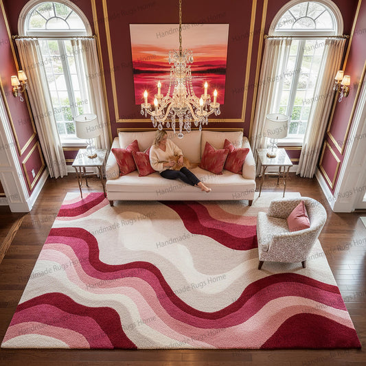 Hand tufted wool rug with rose and wine waves