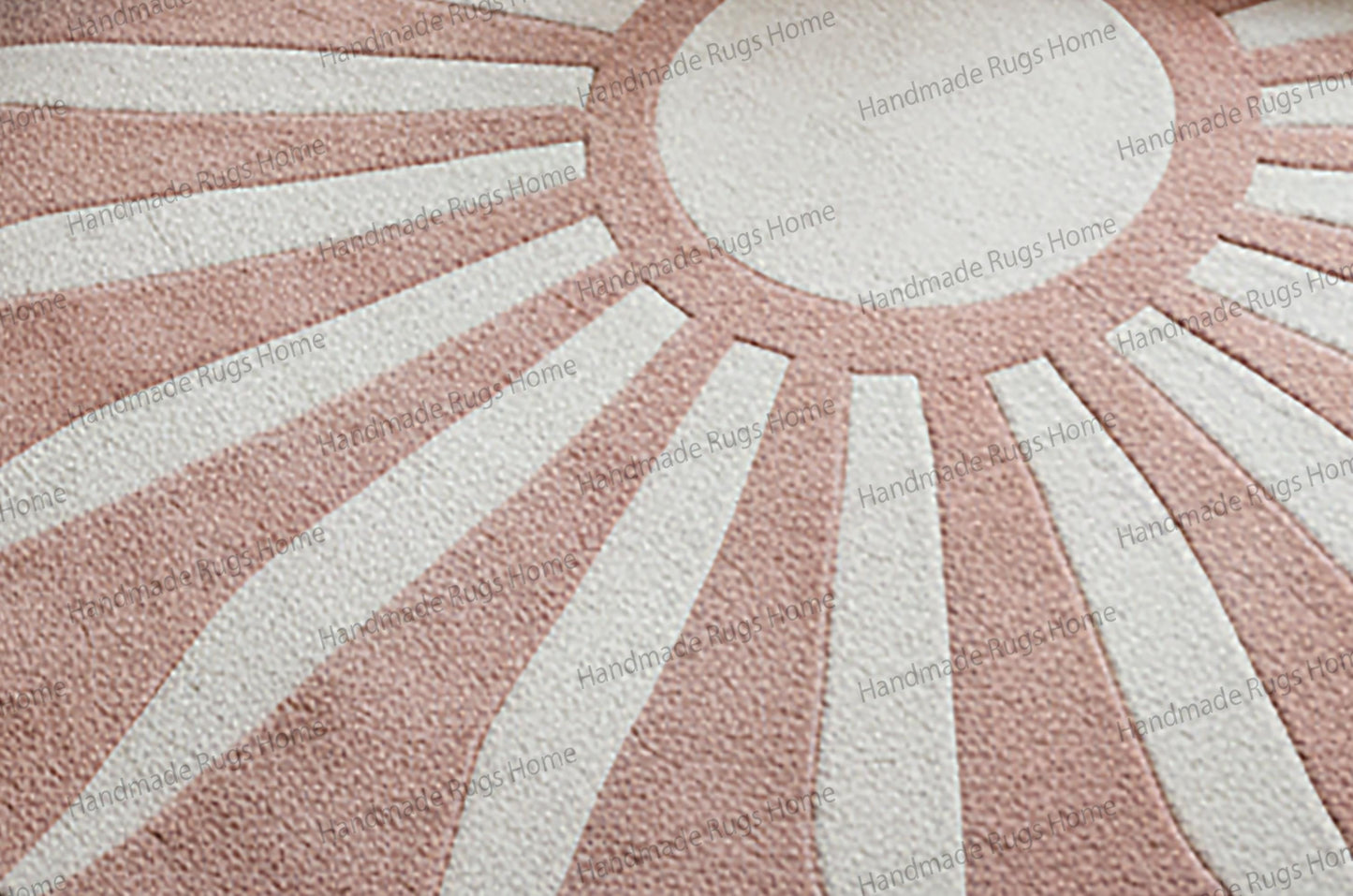 Hand Tufted Wool Rug – Blush Pink Cream Sunburst, Round Carpet