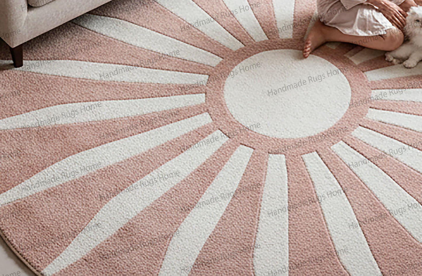 Hand Tufted Wool Rug – Blush Pink Cream Sunburst, Round Carpet