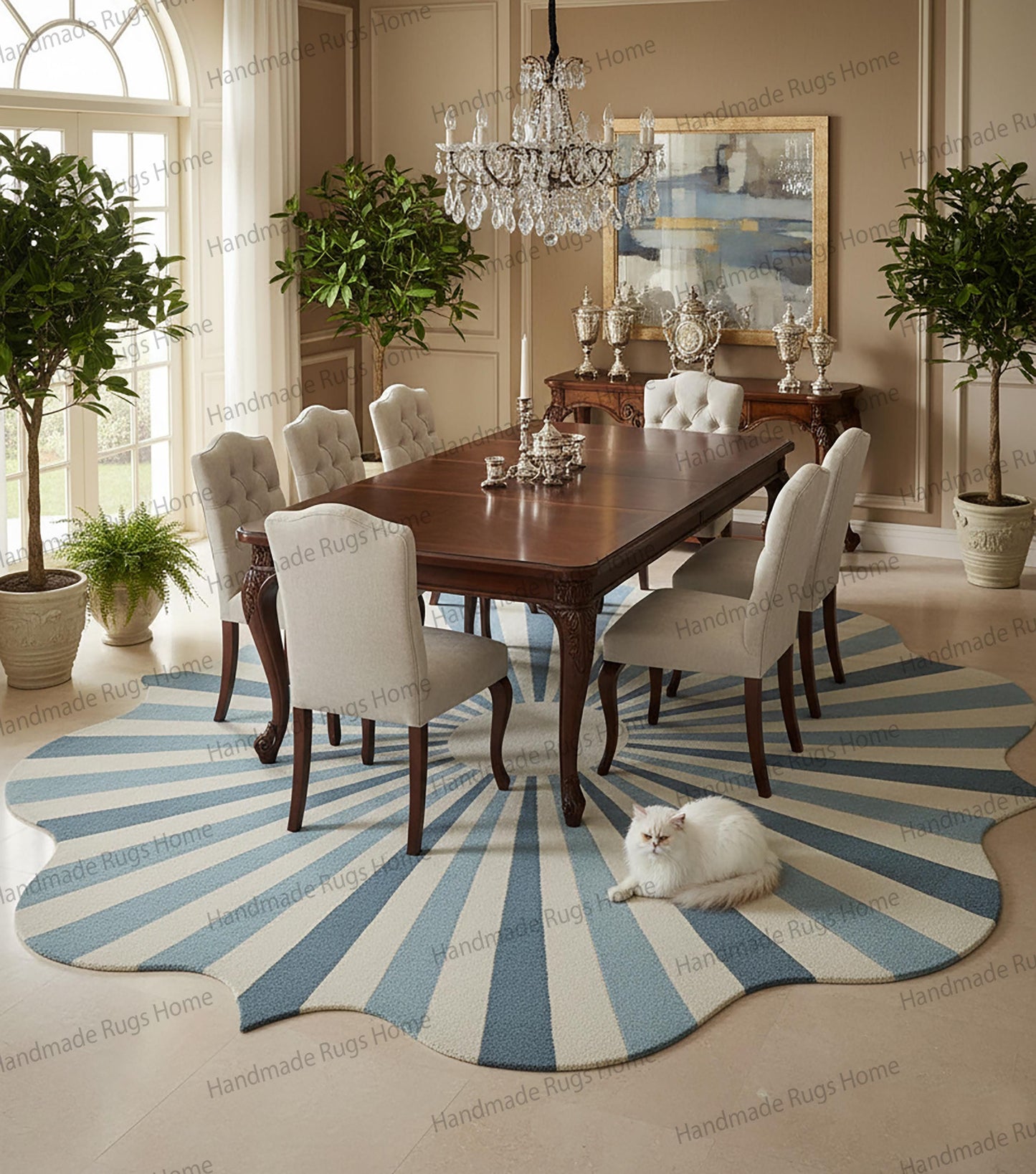 Luxury Hand-Tufted Wool Rug Blue White Sunburst Scallop