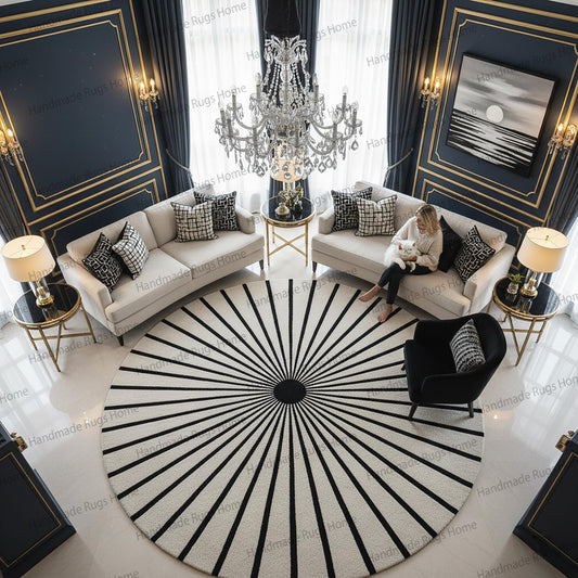 Luxury round hand tufted wool rug black and ivory