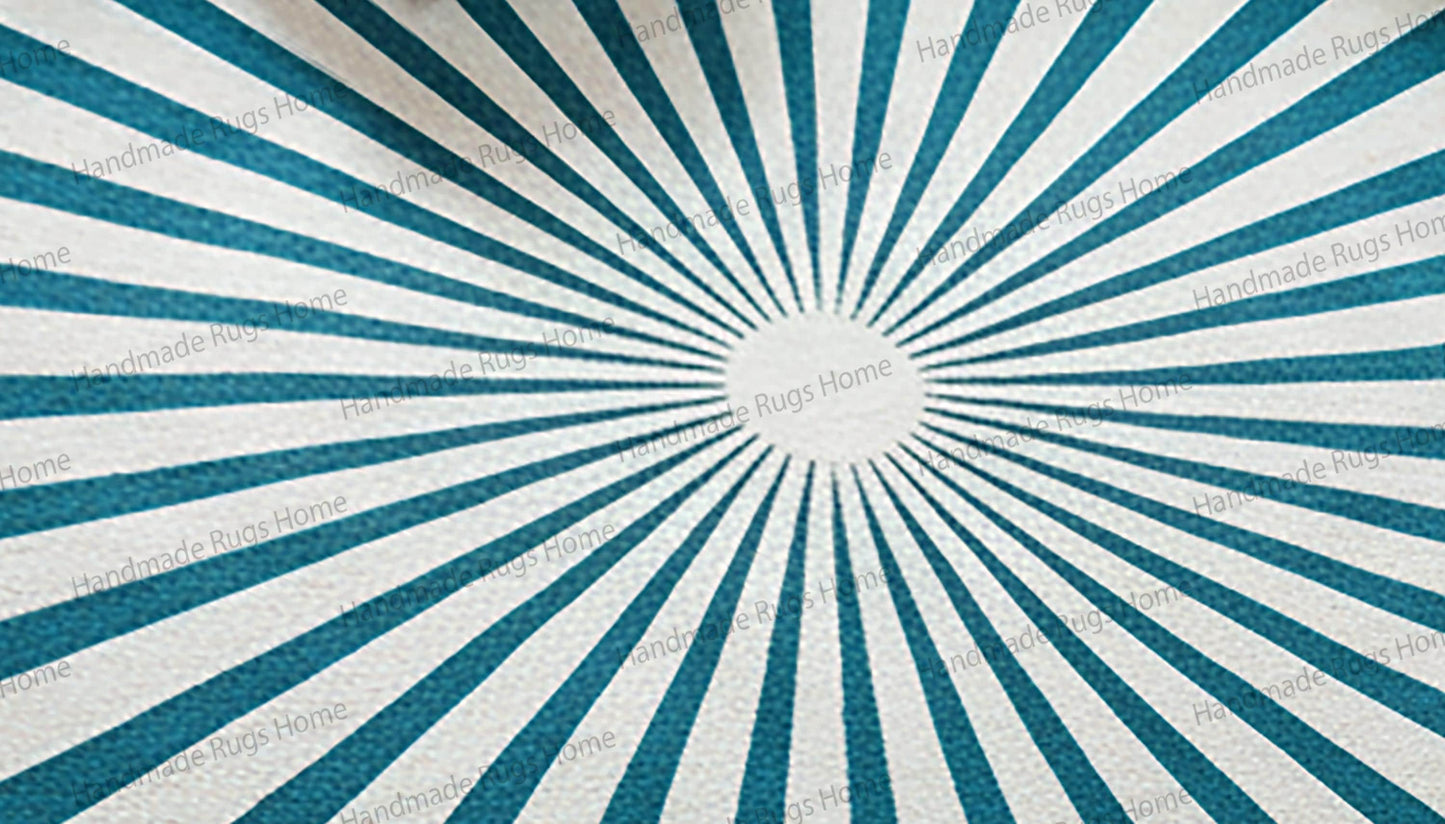 Teal white geometric designer carpet for living area