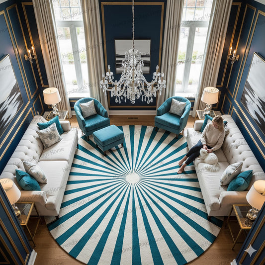 Luxury teal and ivory round wool rug in elegant living room