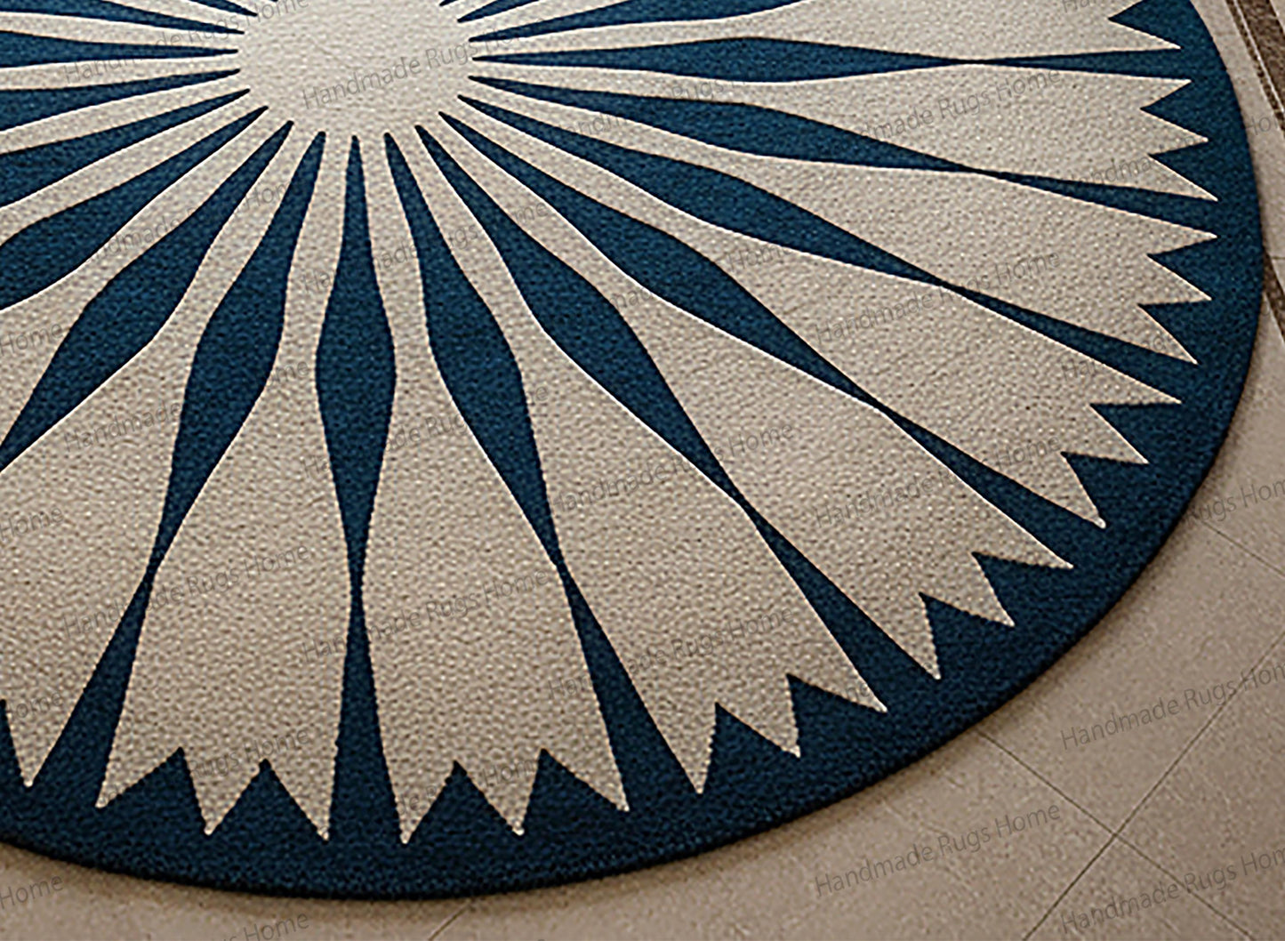 Hand-Tufted Wool Round Rug: Azure Sunburst Design