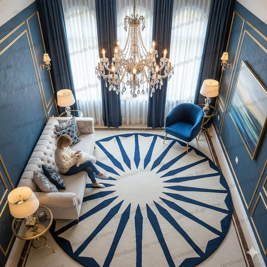 luxury round wool rug with navy sunburst design