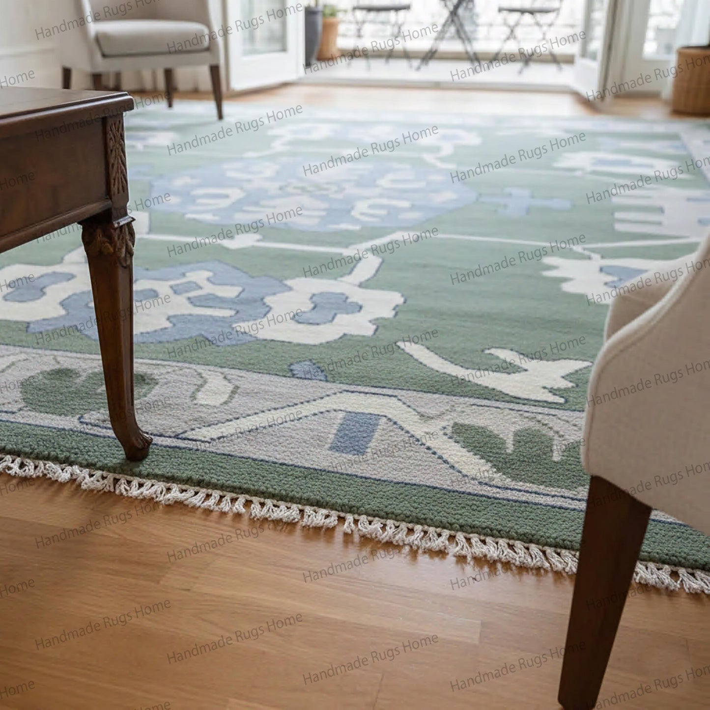 Handmade Oushak Emerald Green Carpet, Oriental Wool Rug for Living Room, Eco-Friendly Vintage Style