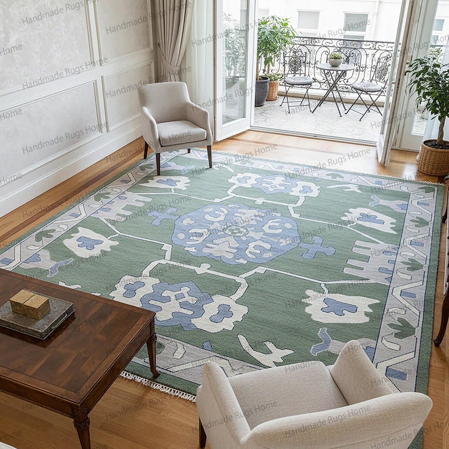 Handmade Oushak Emerald Green Carpet, Oriental Wool Rug for Living Room, Eco-Friendly Vintage Style
