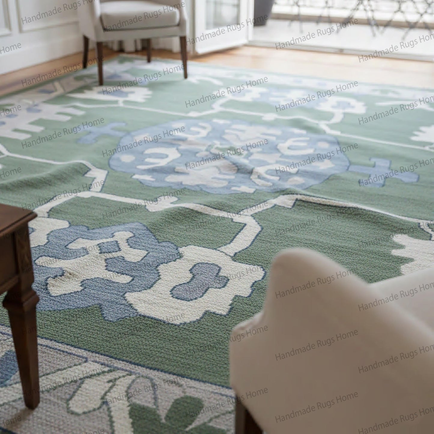 Handmade Oushak Emerald Green Carpet, Oriental Wool Rug for Living Room, Eco-Friendly Vintage Style