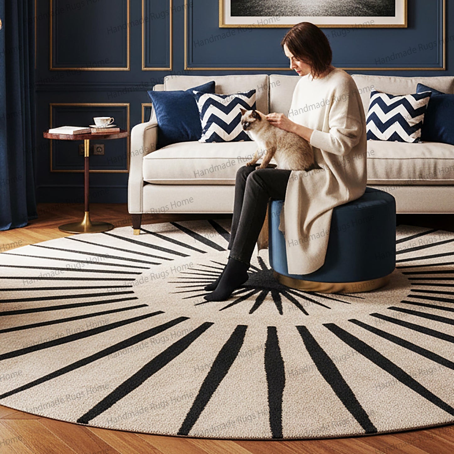 High-quality wool rug for master bedroom, bold black and white design.