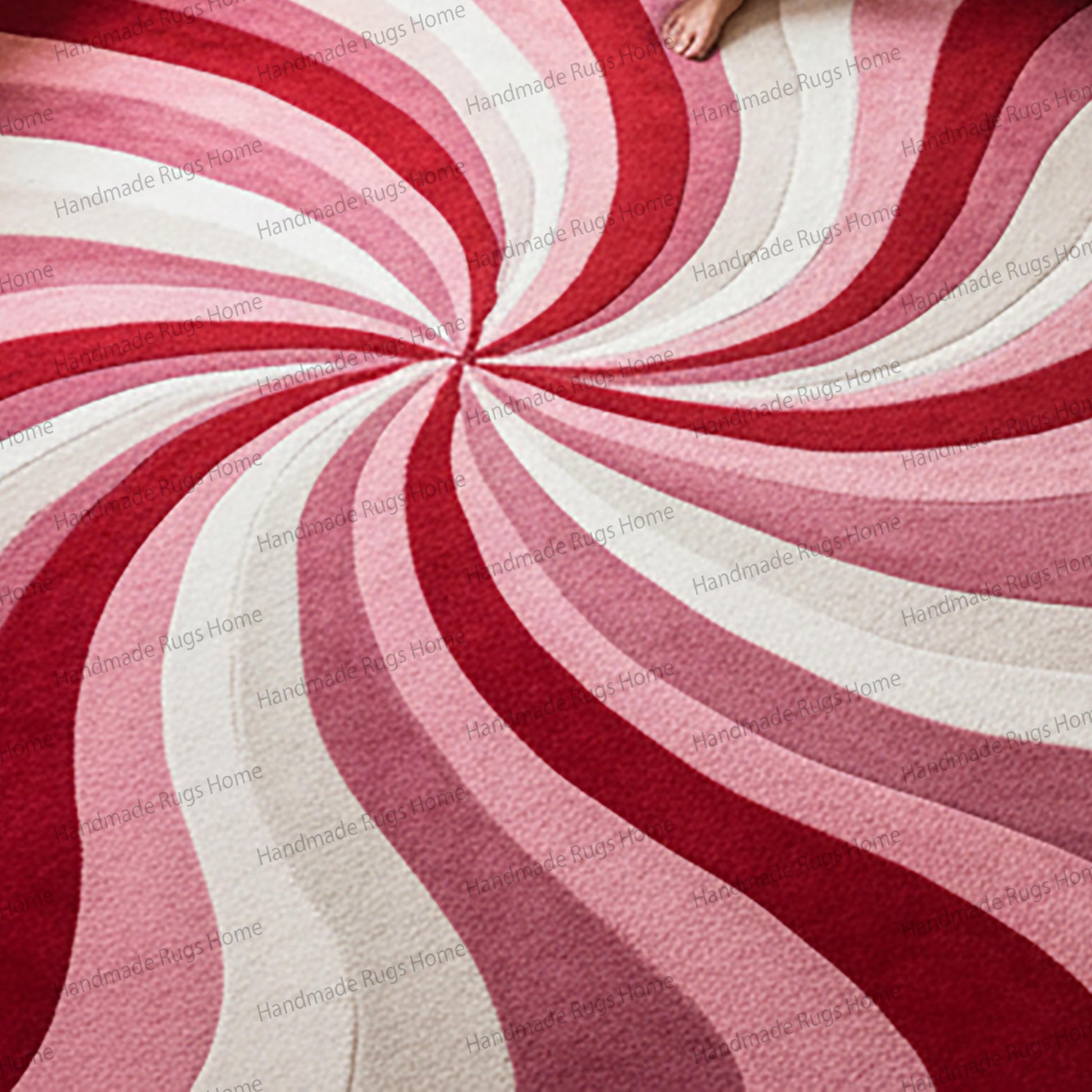 Elegant living room with cream sofas and red walls, anchored by a vibrant swirl rug.