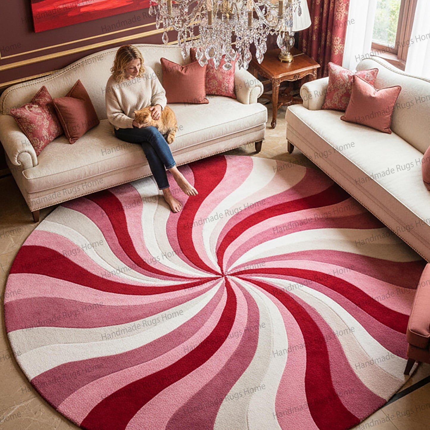 Luxurious spiral pattern area rug, crimson and rose pink color palette.