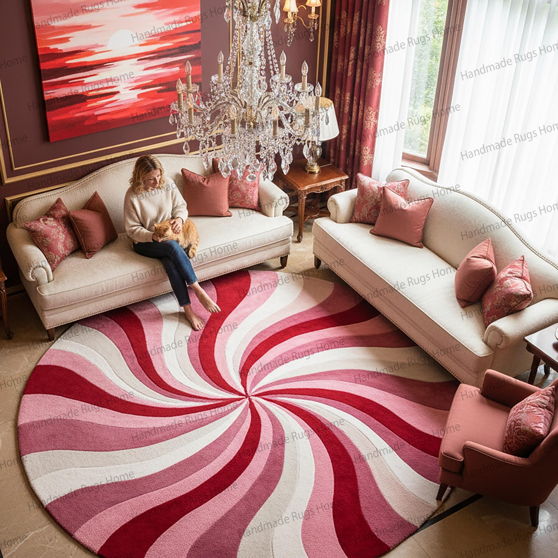 High-quality wool rug for chic bedroom, bold concentric circle pattern.
