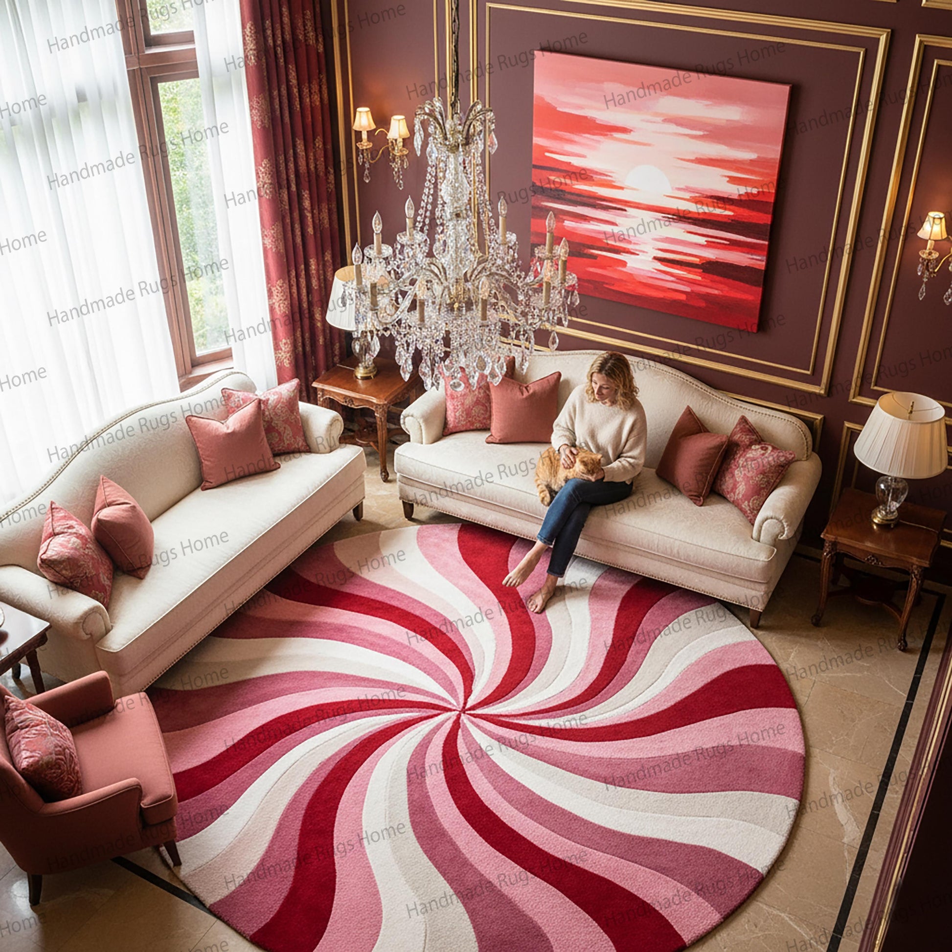 Round hand-tufted wool rug, multi-tonal red, pink, and ivory swirl design.