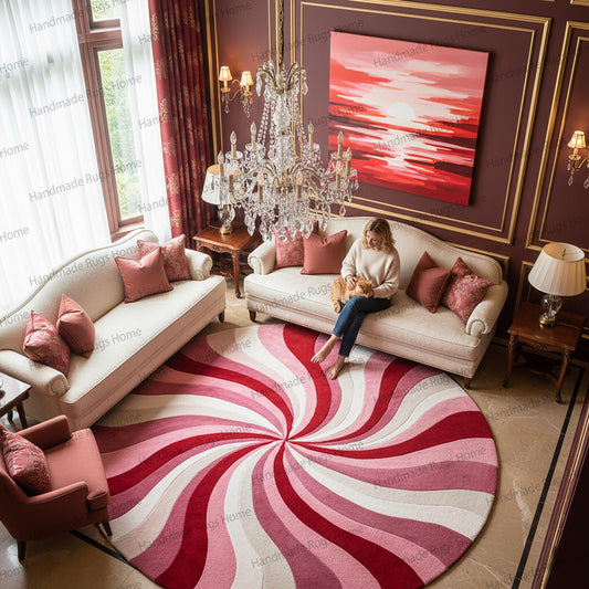 Round hand-tufted wool rug, multi-tonal red, pink, and ivory swirl design.