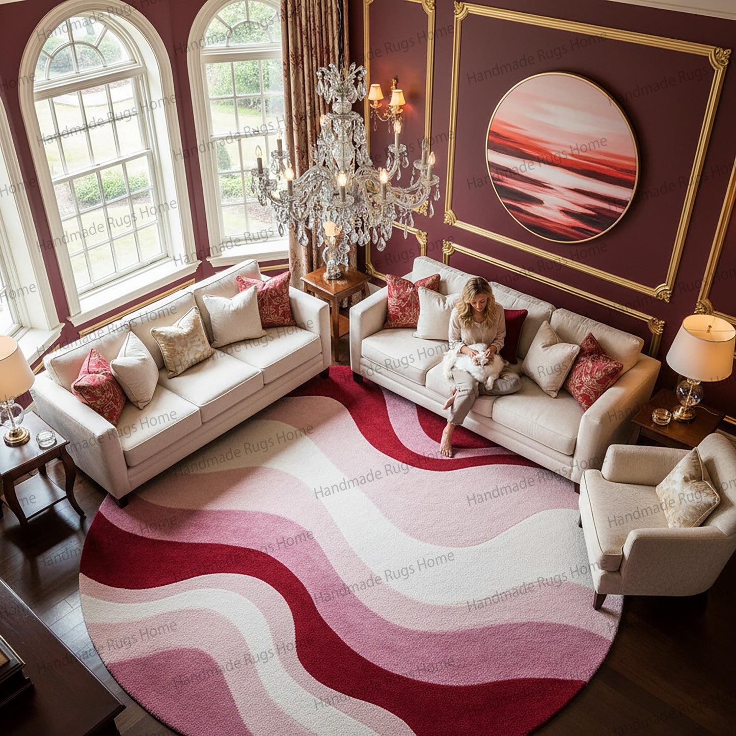 luxury hand tufted wool rug with wavy pink patterns