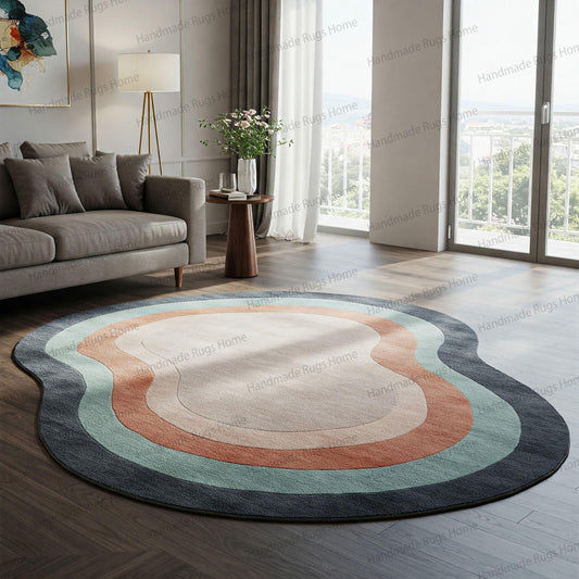 Hand Tufted Wool Rug: Layered Abstract Curvy Design, Soft Modern Carpet