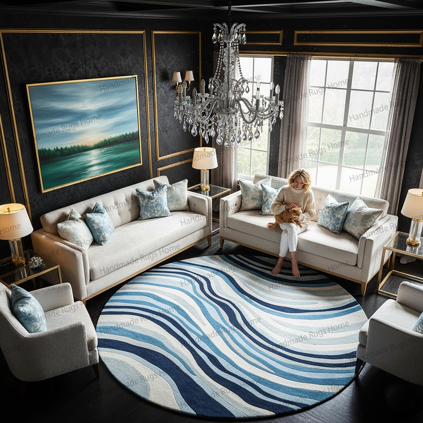 Round hand tufted wool rug with blue wave pattern.