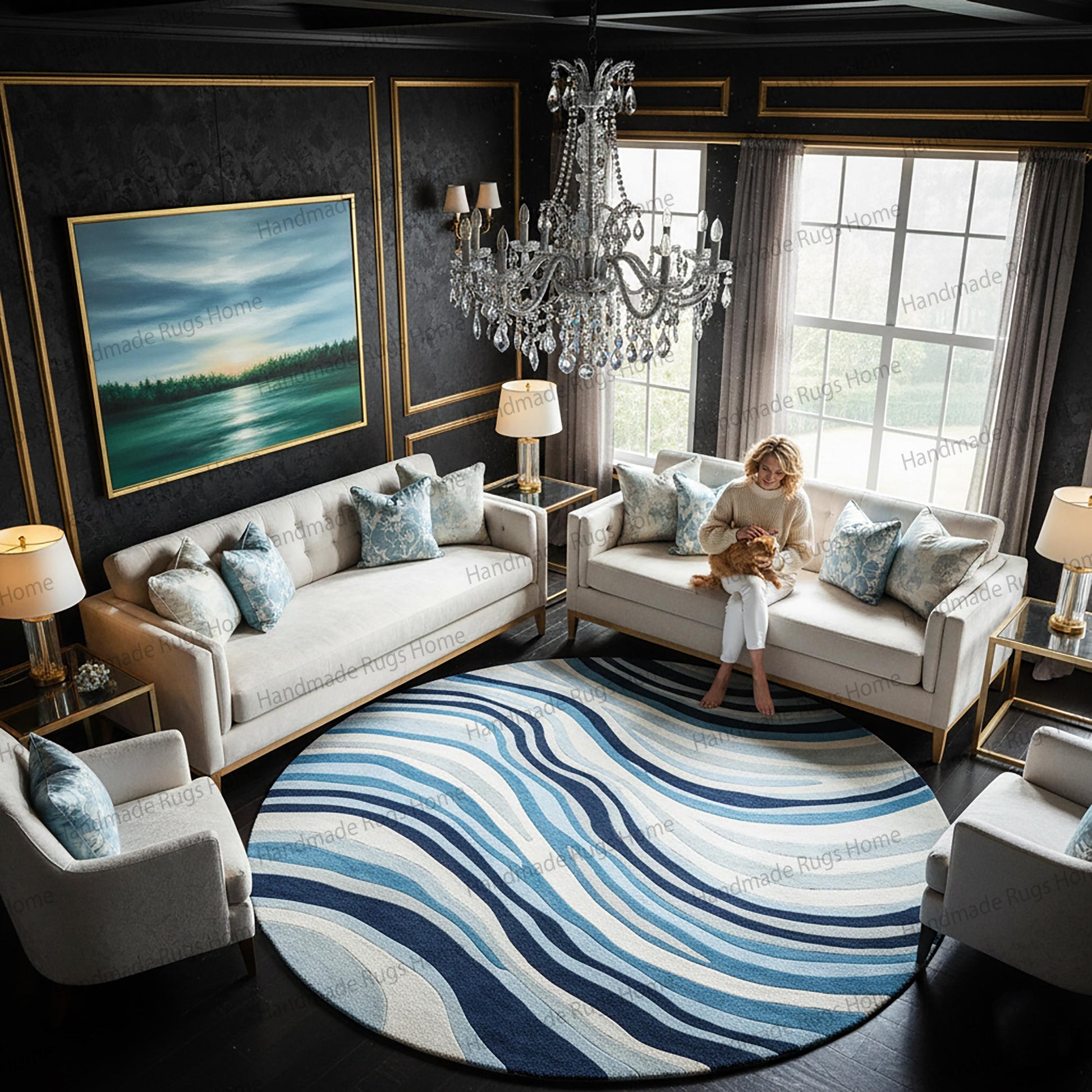 Round hand tufted wool rug with blue wave pattern.