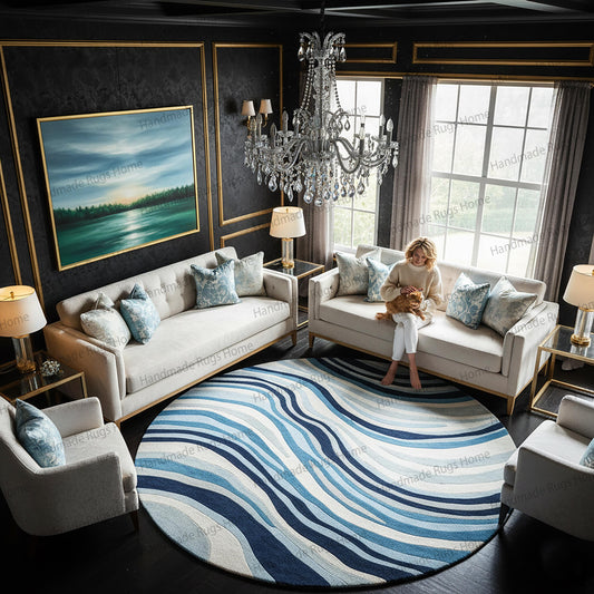 Round hand tufted wool rug with blue wave pattern.