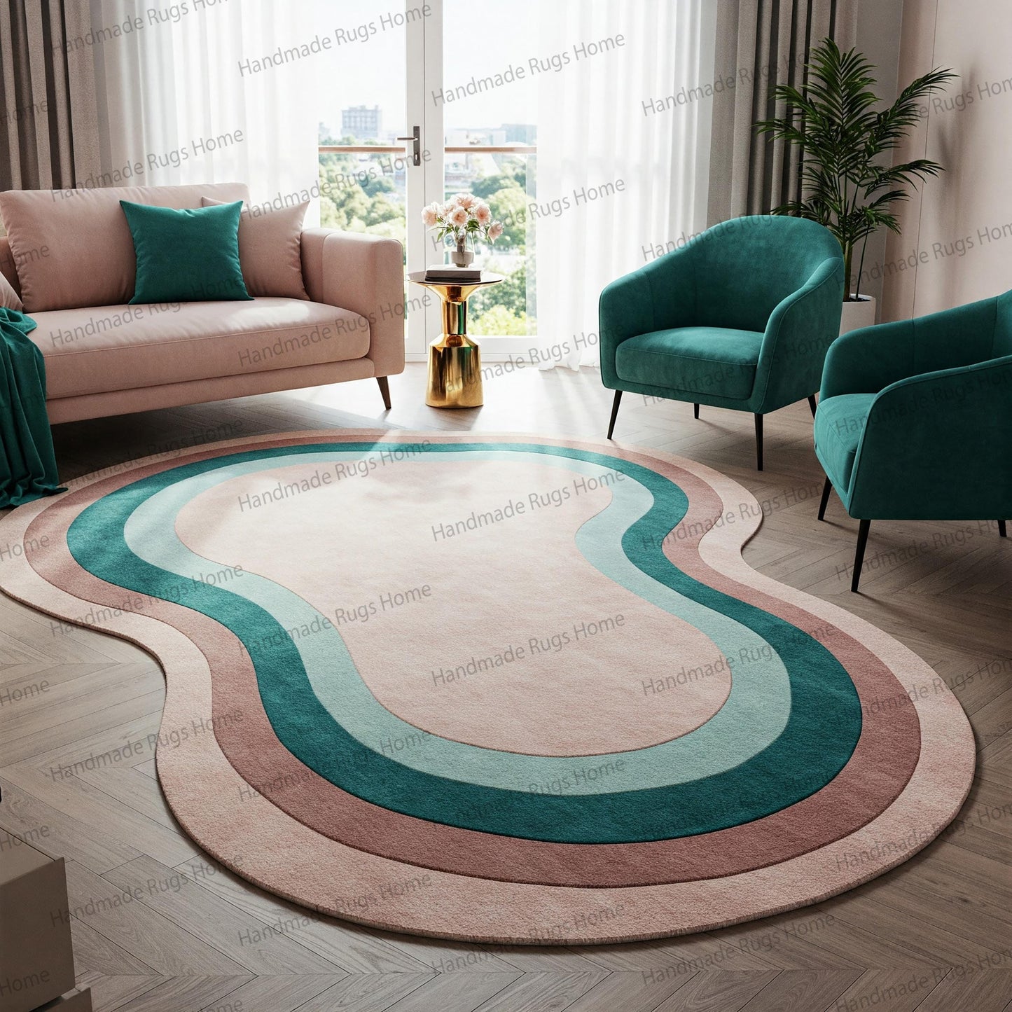 Curvy abstract wool rug in blush and teal shades